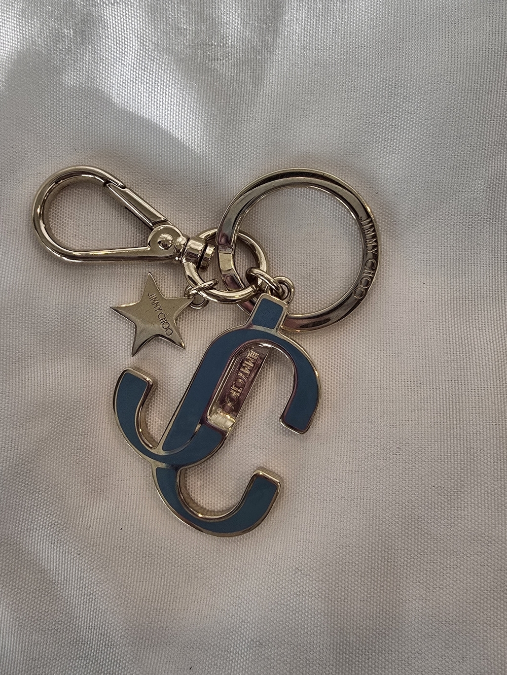 Jimmy Choo Blue Enamel Logo Bag Charm Keychain with Silver Hardware